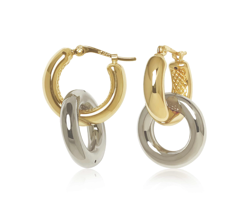 Yellow and White Gold Drop Hoop Earrings