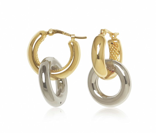 Yellow and White Gold Drop Hoop Earrings